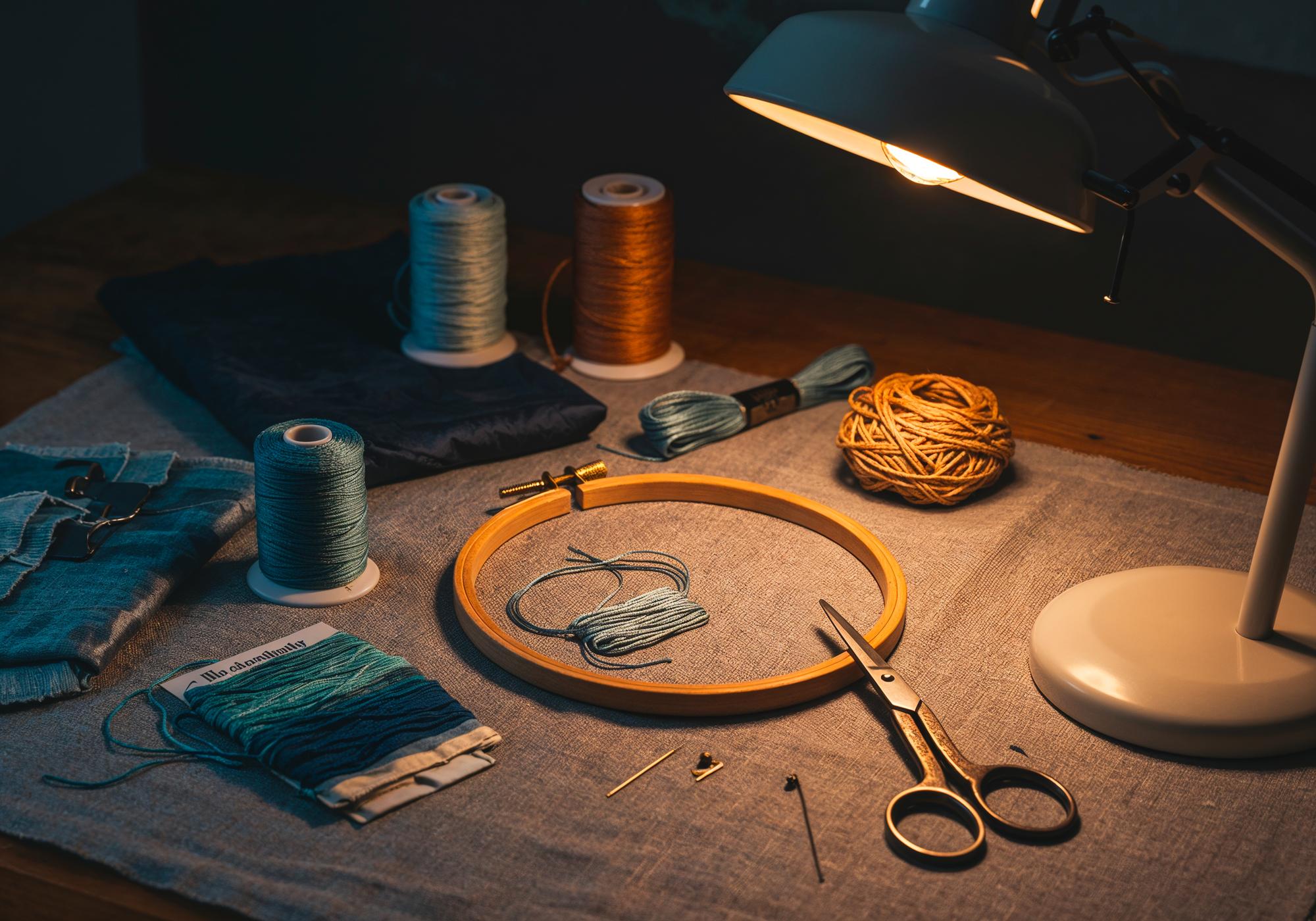 Workspace with embroidery hoop and neon threads on dark table